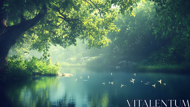 Sunlit forest pond with gentle birds and soft green glow.