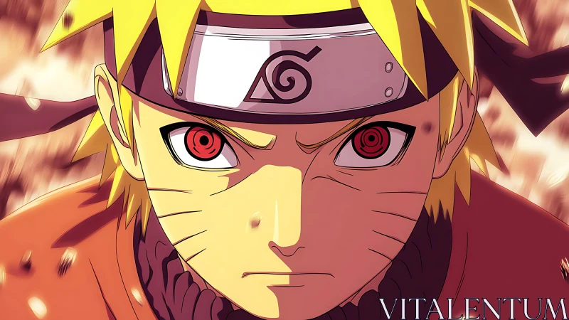 Intense anime ninja close-up with glowing red eyes.