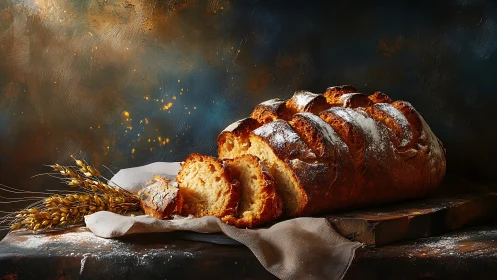Golden Crusty Loaf with Powdered Sugar and Wheat Husks.