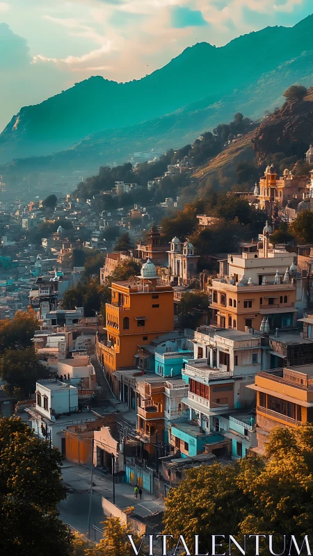 Hillside Indian cityscape under teal mountains at sunrise.