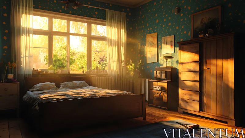 Sunlit bedroom interior with wooden furniture at sunrise.