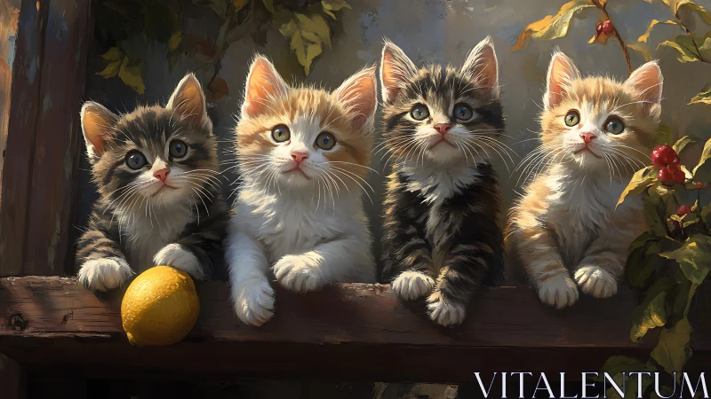 Four Kittens on a Wooden Ledge with Garden Foliage.