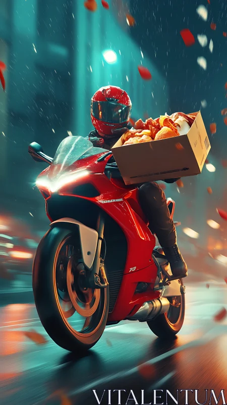 Motorcycle courier rides in rain with open food box.