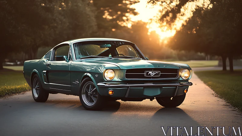 Classic green Ford Mustang glows in warm sunset light.