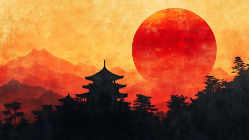 Silhouetted pagoda stands before red sun over layered mountains