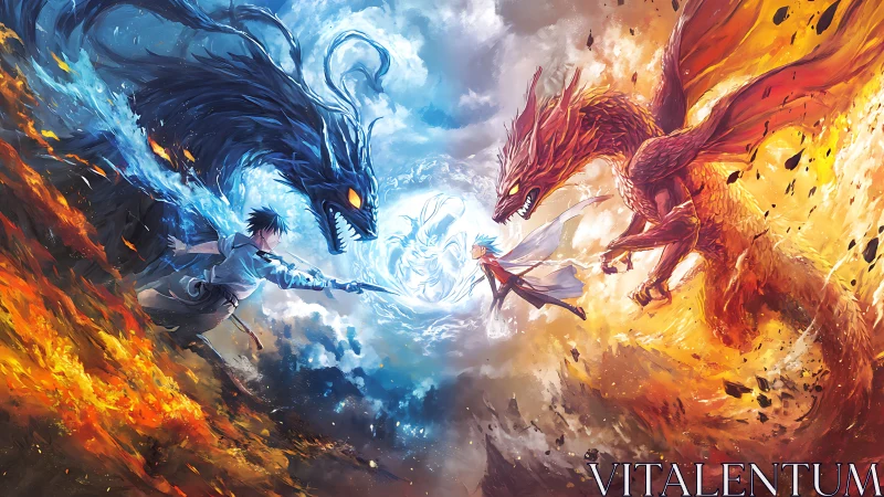 Elemental duel with dragons and mages in mirrored combat.