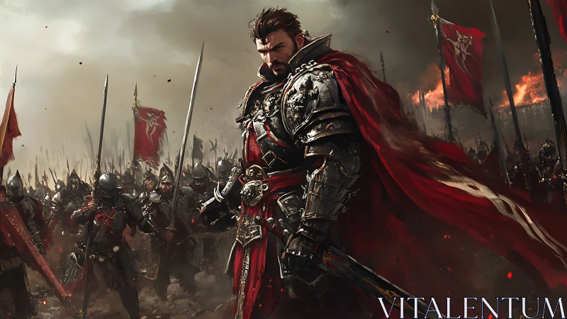 Armored warlord leading crimson-bannered medieval host