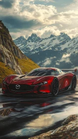 Red Mazda concept supercar on wet alpine mountain pass.