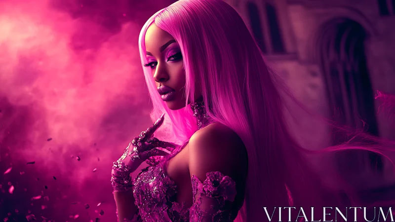 Magenta glam heroine in cinematic pink atmospheric haze.