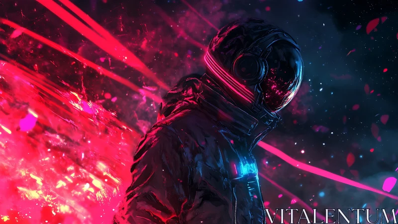 Neon-drenched astral drifter crossing a crimson data storm.