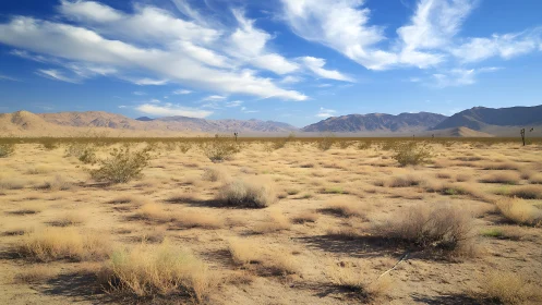 Arid desert plain with sparse shrubs and distant mountains.