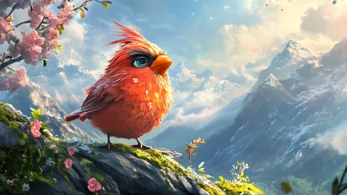 Vibrant Red Bird in Blooming Spring Mountains, Fantasy Art Style.
