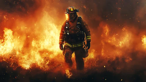 Firefighter Emerges from Intense Blaze in Full Protective Gear.