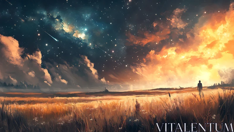 Stellar convergence over luminous grassland horizon at dusk.