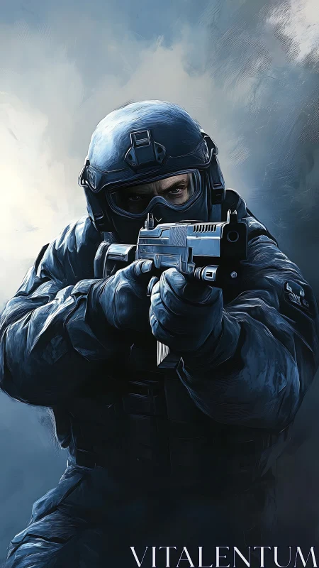 Tactical operator aiming compact SMG in foggy blue haze