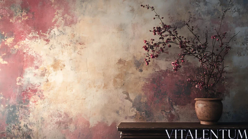 Rustic Still Life with Blossoming Branch in Earthen Pot, Vintage Style.