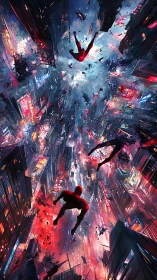 Figures fall through distorted neon cityscape toward light