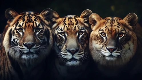 Three Tigers Gazing Forward in Dramatic Golden Light.