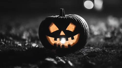 Low-key depth-of-field capture of illuminated jack-o-lantern glow.
