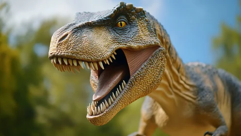 Ferocious dinosaur head roaring under bright blue sky.