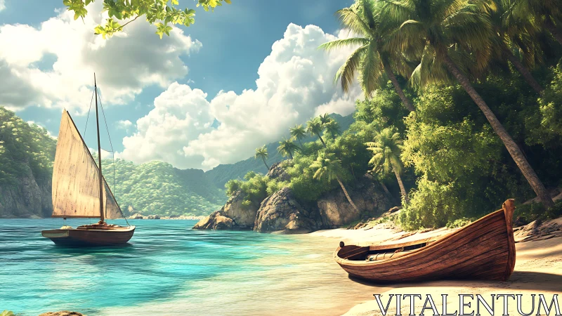 Tropical Cove with Sailboat and Wooden Vessels.