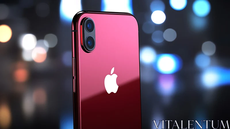 Crimson smartphone gleams against dreamy nocturnal bokeh haze.