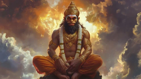 Radiant warrior deity sits in calm power above storm clouds