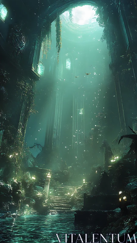 Submerged vaulted ruin with volumetric teal caustic light.