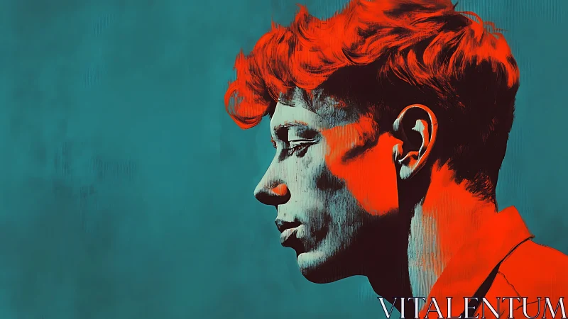 Profile portrait of red haired man on teal background.