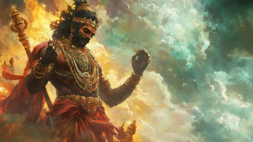 Divine warrior deity in luminous mythic cloudscape digital painting.