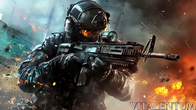 Futuristic soldier cutting through a storm of glowing chaos.