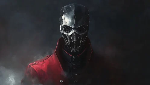Steel masked enigma in crimson coat haunts the smoky void.