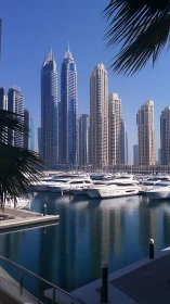 Luxury marina with highrise skyline under clear blue sky.
