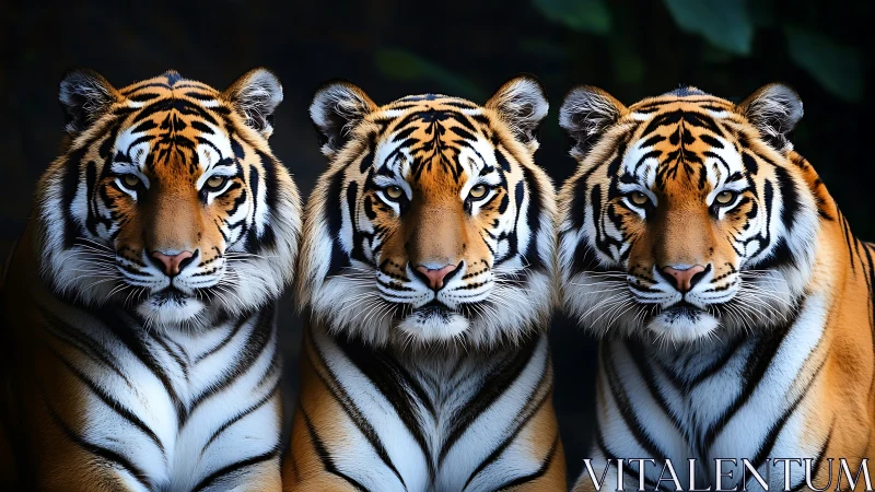 Three Bengal Tigers with Striking Blue Eyes Against Dark Background.