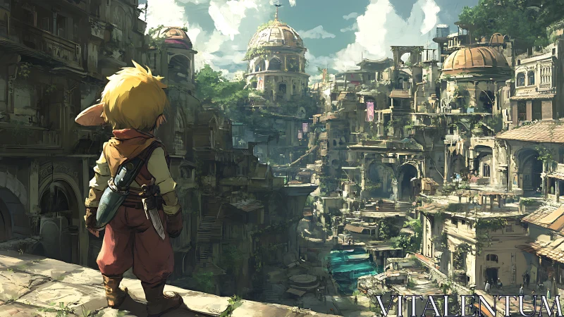 Young adventurer overlooking sprawling fantasy citadel.