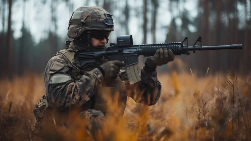 Soldier in camouflage aiming rifle in autumn forest clearing.