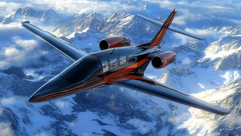 Sleek private jet soars above dramatic snowy mountainscape.