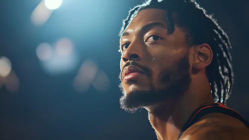 Focused basketball player glows under bright arena lights