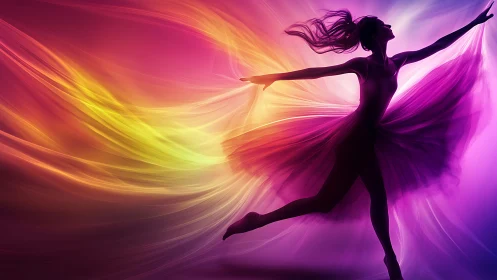 Digital painting of dancer in radiant chromatic motion trail.
