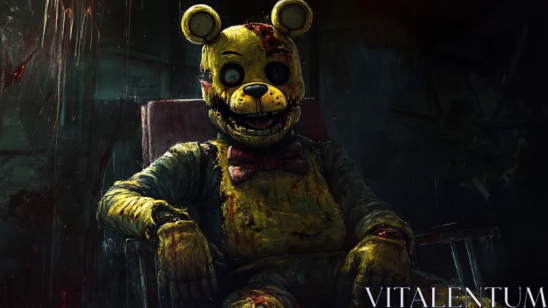 Creepy bloodstained bear animatronic seated in darkness.