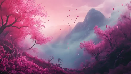Pink mist valley with mountain peak and blossom trees.