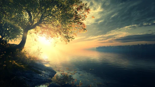 Backlit lakeside tree with low sun over calm water surface.