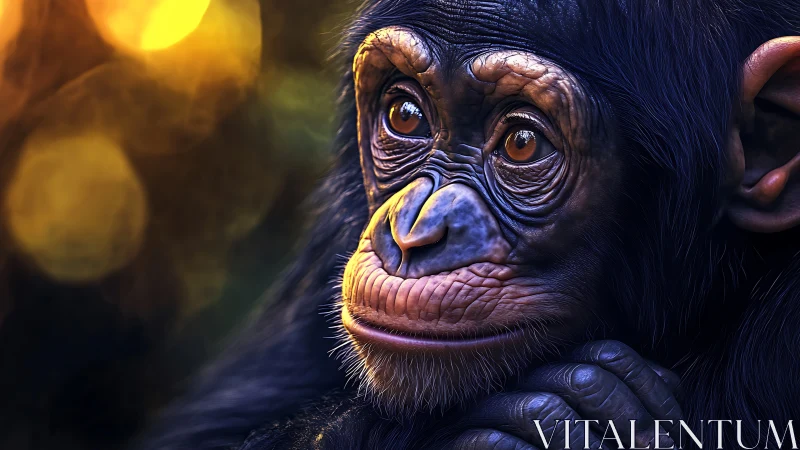 Gentle chimpanzee daydreaming in golden forest light.