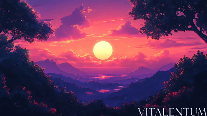 Radiant violet sunset over layered mountains and sea horizon.