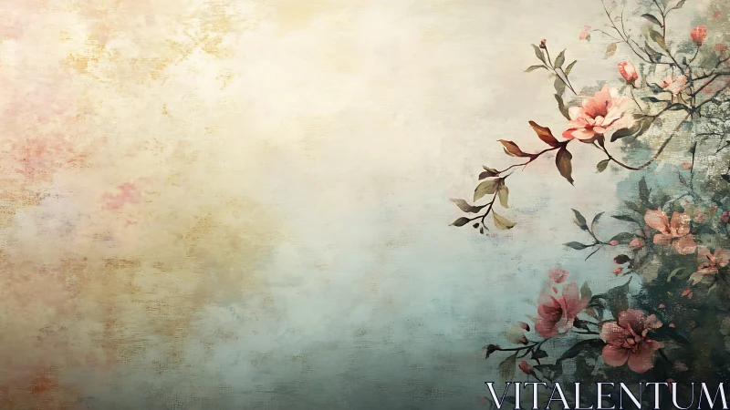 Floral branches occupy right side against textured gradient