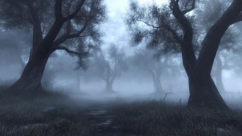 Dense fog among leaning trees along a narrow forest path.