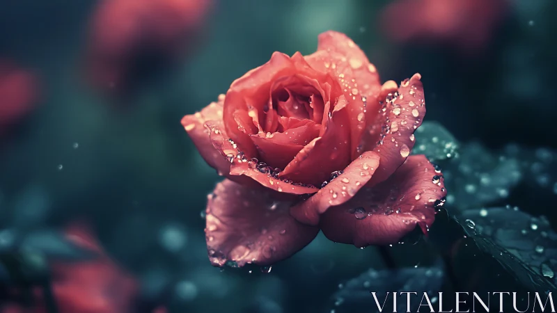 Coral rose bloom covered in morning dew droplets on teal background.