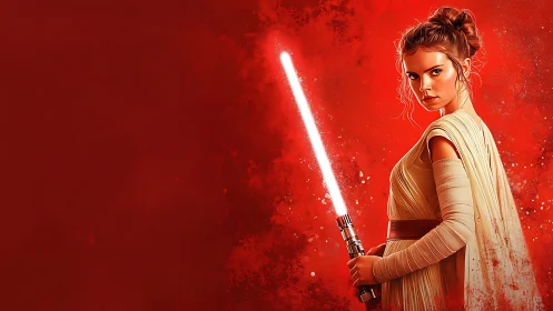 Blazing red warrior stands ready with glowing energy blade