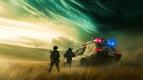 Storm-chasing patrol car under swirling alien sky.