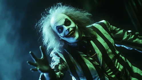 Grinning ghoul in striped chaos lunging through neon fog.